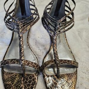 White House Black Market Metallic Brown Snake-Print Strappy Sandals